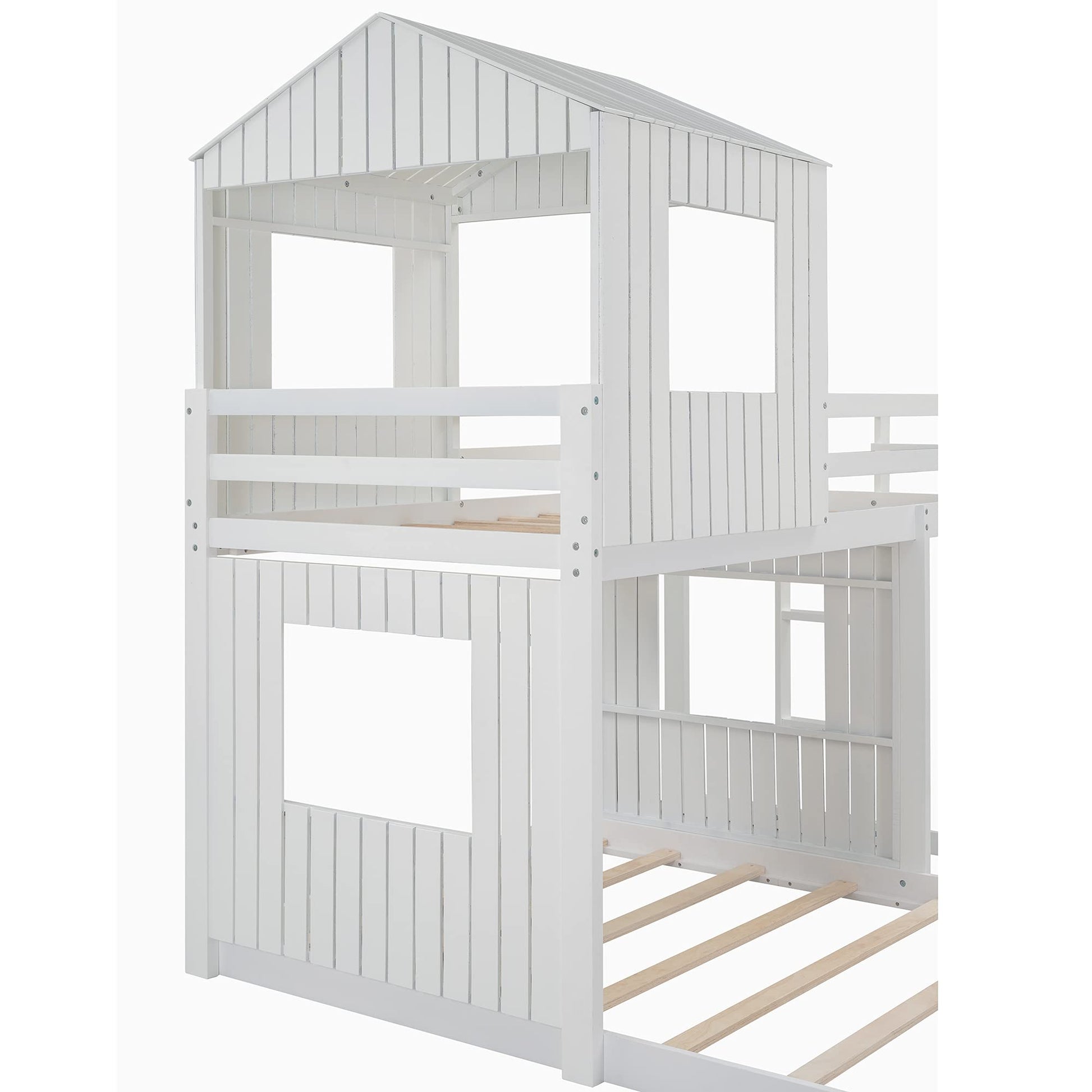 House Bunk Bed Twin Over Full with Playhouse Design for Kids - White Wood Frame by Harper & Bright Designs - WoodArtSupply