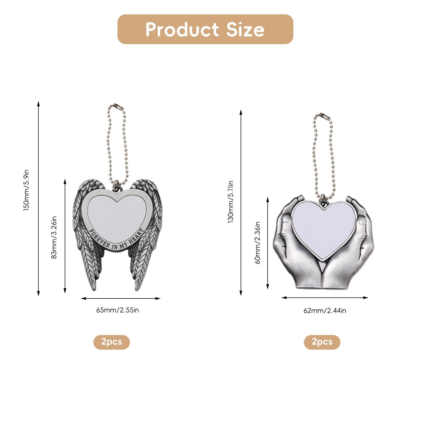 4 Sets 2 Styles Alloy Heat Transfer Sublimation Blank Pendant, Angel Wing Rearview Mirror Pendant, Heart Heat Sublimation Pendant Blanks Car Hanging Ornament for DIY Keychain