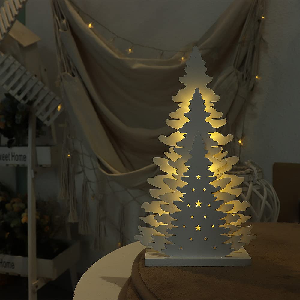 Wooden Christmas Tree Tabletop Decor, Supergorea,LED Wood Craft Christmas Trees Light 2AA Battery Powered 10 inch for Xmas Home Decorations(Indoor) Supergorea