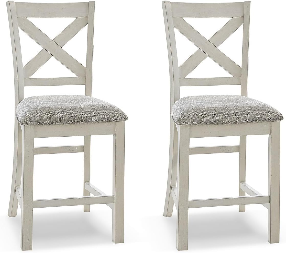 Signature Design by Ashley Robbinsdale Farmhouse Upholstered Barstool, Set of 2, X-Back, Nailhead Trim, Wood, 24.75" H, White & Light Gray Signature Design by Ashley