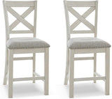 Signature Design by Ashley Robbinsdale Farmhouse Upholstered Barstool, Set of 2, X-Back, Nailhead Trim, Wood, 24.75" H, White & Light Gray Signature Design by Ashley