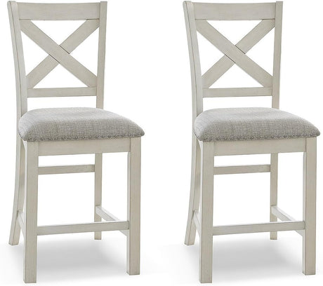 Signature Design by Ashley Robbinsdale Farmhouse Upholstered Barstool, Set of 2, X-Back, Nailhead Trim, Wood, 24.75" H, White & Light Gray Signature Design by Ashley