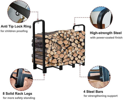 Artibear Firewood Rack Stand 4ft Heavy Duty Logs Holder for Outdoor Indoor Fireplace Metal Wood Pile Storage Stacker Organizer, Matte Black