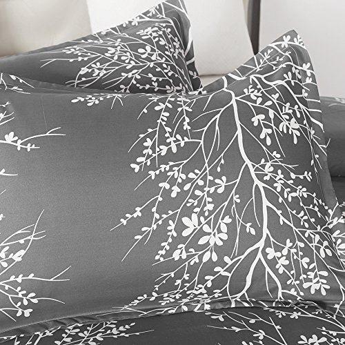 Vaulia Soft Microfiber Duvet Cover King Size, Grey and White Floral Branches Printed Pattern 3-Piece Set (1 Duvet Cover 2 Pillow Shams) Vaulia