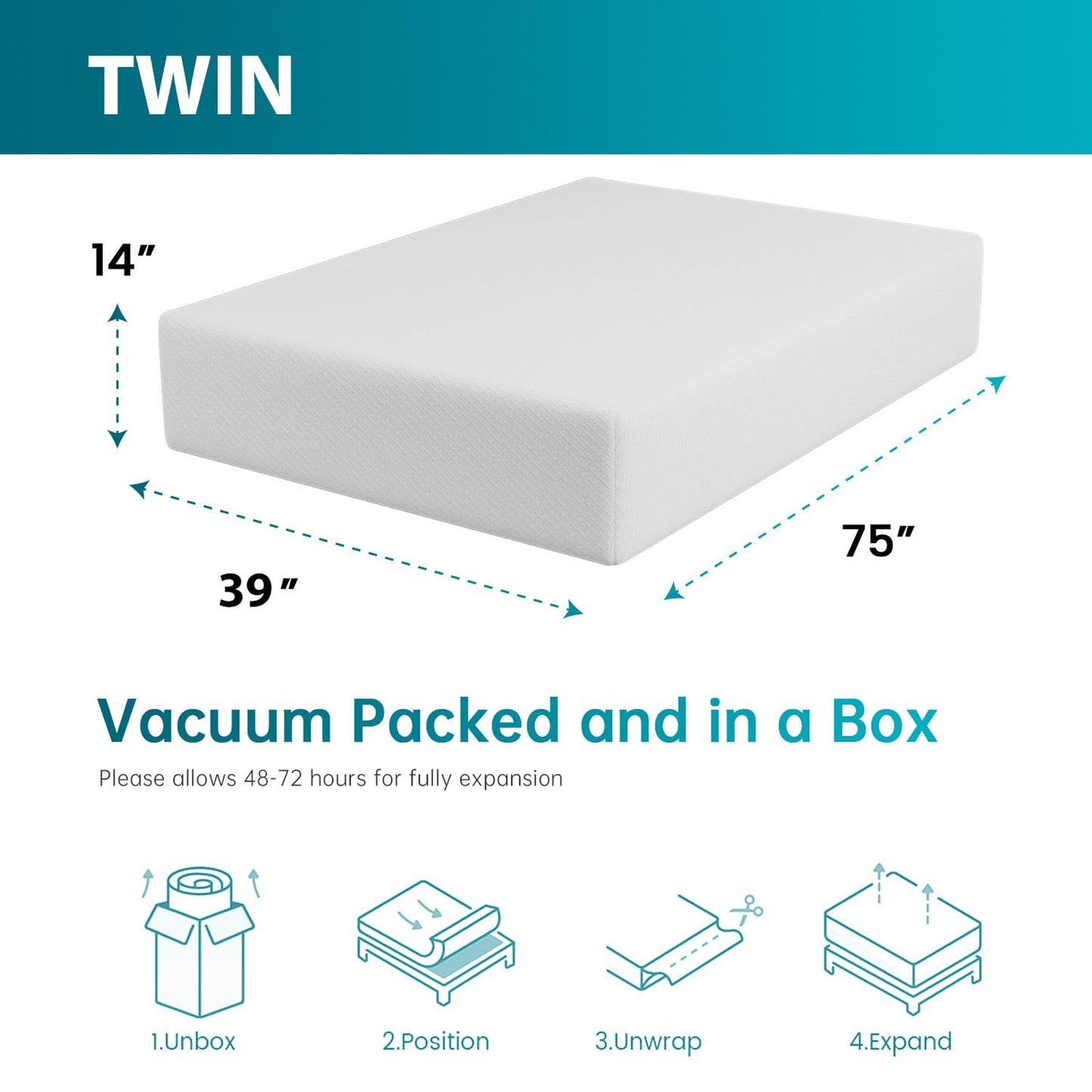 HWGEBY 14 Inch Twin Mattress in a Box,Gel Memory Foam Mattress with Tight-top Cover,Medium Firm Mattress for Cool Sleep Relieving,Twin Mattress for Sleep and Pressure Relief,CertiPUR-US Certified