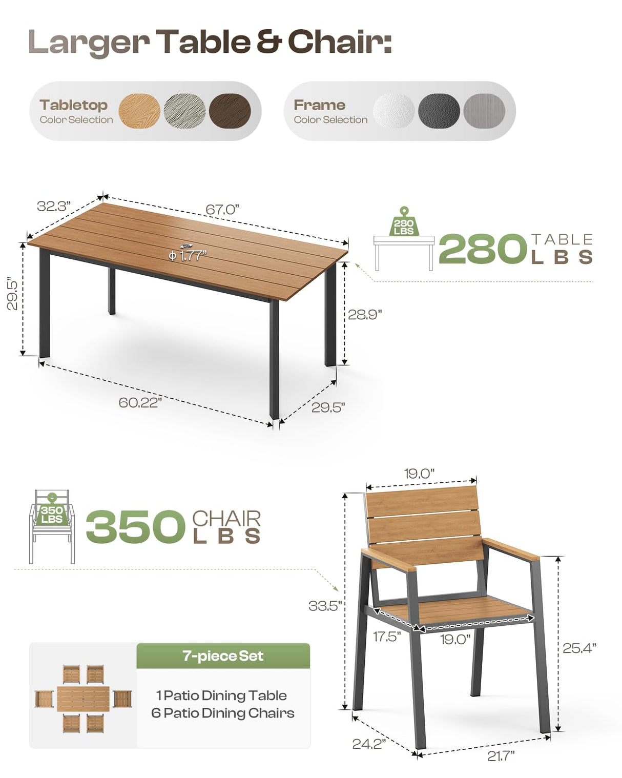 Oasbira Outdoor Dining Set for 6, Outdoor Table and Chairs Set with Umbrella Hole, Patio Dining Sets, 7 Pieces HDPS Outdoor Furniture Sets for Patio, Garden, Backyard (Gray & Teak) Oasbira