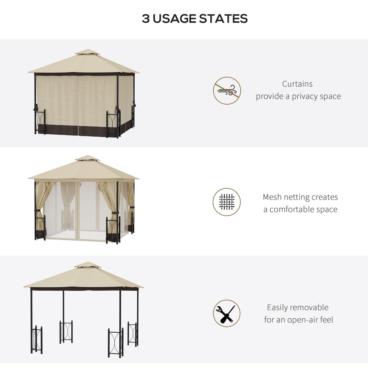 Outsunny 11' x 13' Patio Gazebo, Double Roof Outdoor Gazebo Canopy Shelter with Netting & Curtains, Steel Corner Columns for Garden, Lawn, Backyard and Deck, Beige Outsunny