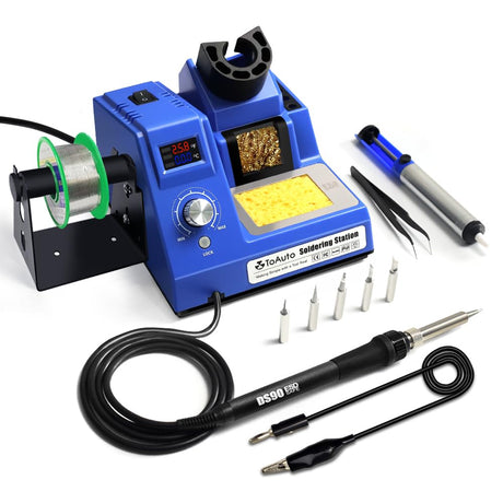 TOAUTO DS90 Soldering Station-°F & °C Dual Digital Display Soldering Iron Station Kit,90W Soldering Iron,302℉- 842℉ Temperature, Anti-Static & Grounding Wire, Auto Standby & Sleep,5 Solder Tips, Blue TOAUTO