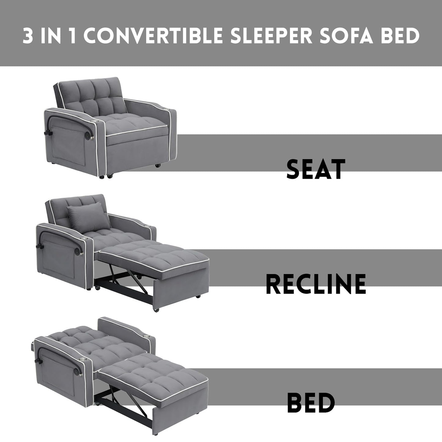 3 in 1 Sleeper Sofa Chair Bed,Velvet Convertible Sleeper Chair Bed,Pull Out Bed Chair With USB Port & Ashtray and Swivel Phone Stand & Storage Pockets,Modern Chair Sleeper Bed for Living Room