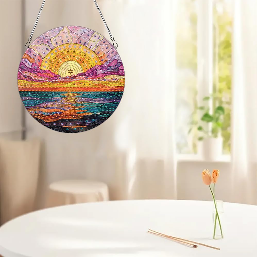 hospitian DIY Hanging Diamond Art Pendant Painting Kit Landscape,Sea Sunset Diamond Painting Kits for Adults,Special Crystal Gem Craft Painting Kit Ornament 9.4x9.4inch hospitian