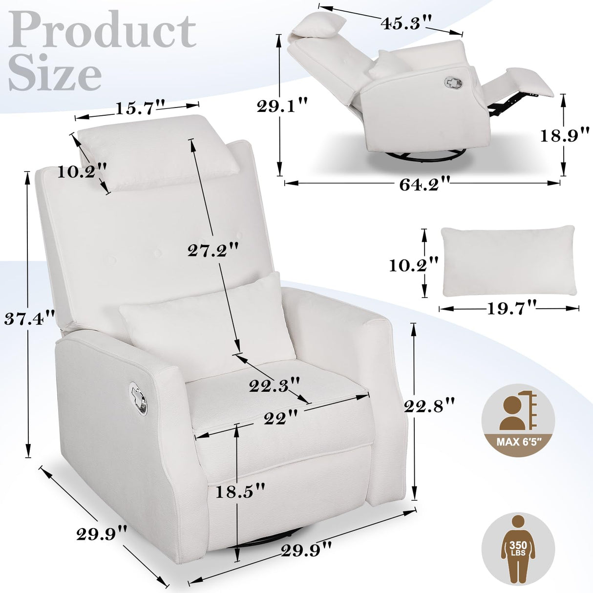 DIFYHOMEY Nursery Swivel Glider Recliner Chair Chenille Upholstered Accent Glider Rocker Recliner with Headrest and Lumbar Support Pillow for Nursery Living Room Bedroom (White) DIFYHOMEY