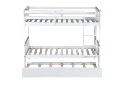 UOCFYK Twin Over Twin Wood Bunk Bed with Trundle for Kids Boys Girls,Solid Wood Bedframe w/Ladder & Safety Guardrails, Convertible into Twin Size Beds,No Box Spring Needed, White