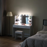 usikey Makeup Vanity with Mirror and 10 LED Lights, Vanity Makeup Table Set with 2 Drawers and Open Shelves, Makeup Vanity Desk Dressing Table with Cushioned Stool, White usikey