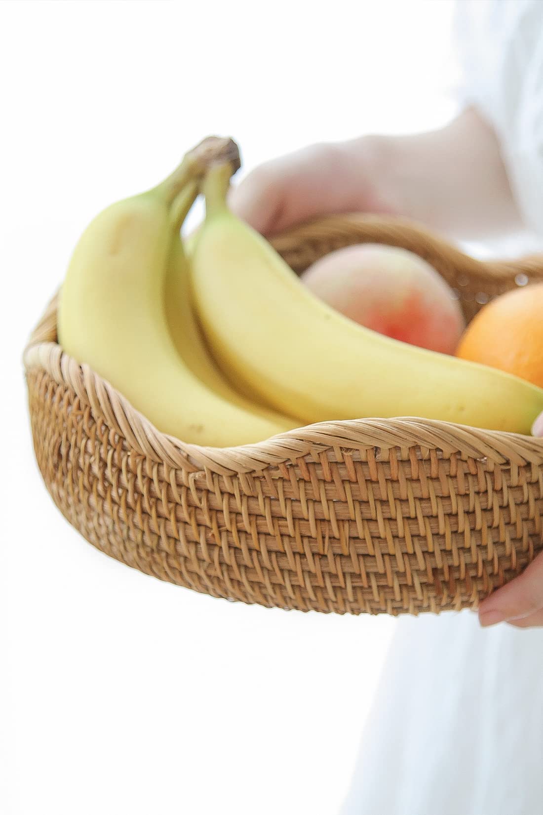 HITOMEN Handmade Rattan Bread Baskets Round Wicker Fruit Serving Storage Bowls, Natural Woven Decorative Kitchen Counter Organizing (Honey Brown) M-10.2'' HITOMEN