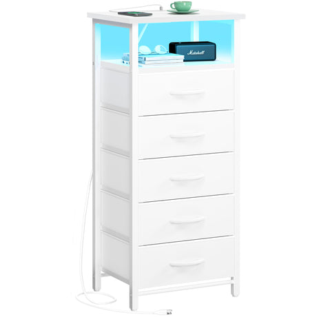 Yoobure 5 Drawers Dresser for Bedroom, Tall Nightstand with Charging Station, Fabric Dresser for Closet with Storage Shelf, Vertical Dressers Chest LED Night Stand, Bedside Table for Dorm Living Room Yoobure