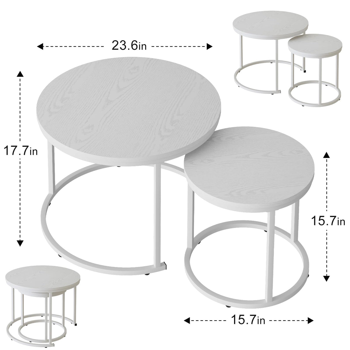 Garden 4 you Nesting Coffee Table, 23.6" Round Coffee Table Set of 2, Wooden Nesting Table Set with Metal Frame, Side Tables for Living Room Bedroom Balcony, White Garden 4 you