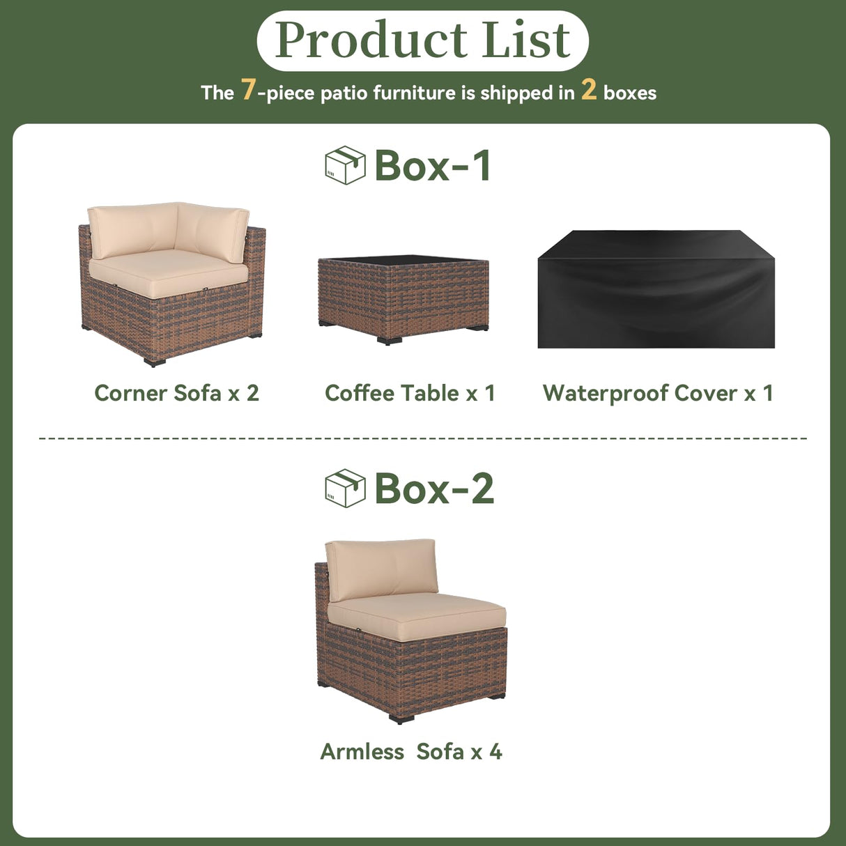 Aoxun 7 Piece Patio Furniture Set Wicker Rattan Patio Conversation Set Outdoor Sectional Sofa Set with Coffee Table and Thickened Cushions, Beige (Waterproof Cover Included) Aoxun