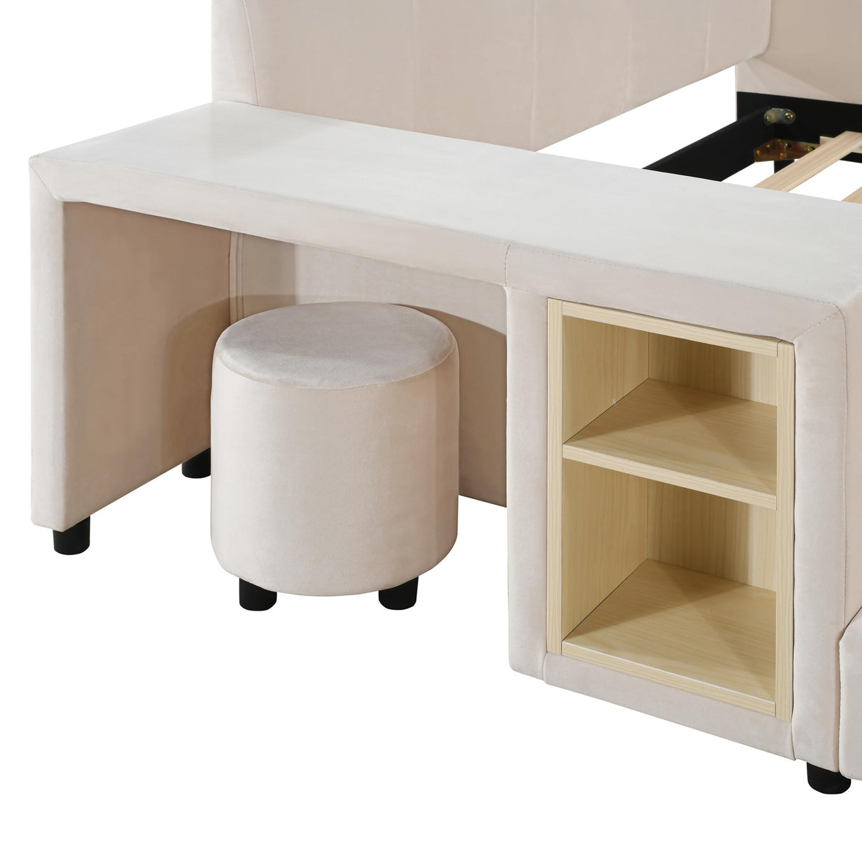 Merax Queens Size Velvet Bed Frames Upholstered Grounded Bed, Wooden Mother & Child Bed with Bedside Desk and Little Round Stool,Kids Adults Bedroom Floor Platform Bed,Beige Merax