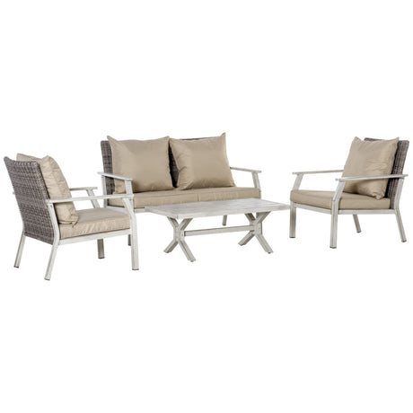 Outsunny 4 Pieces Patio Furniture Set with Cushions, Outdoor Wicker Conversation Sofa Sets, Aluminum Frame Sofa Sets for Backyard, Poolside, Garden, Beige Outsunny