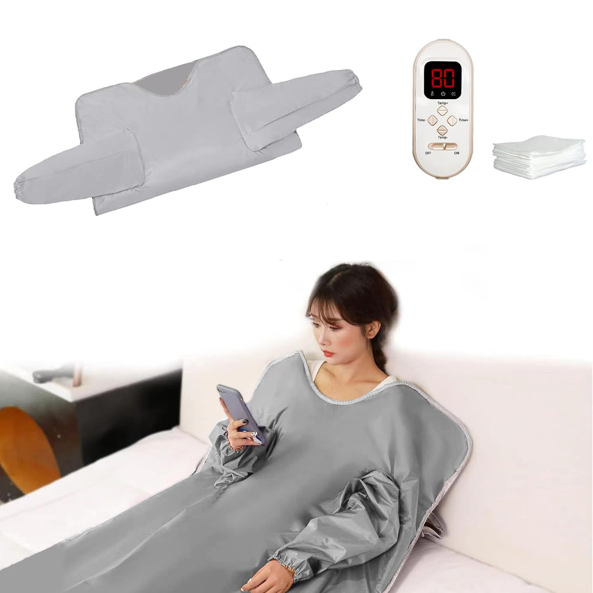 Sleeves Design Far-Infrared Sauna Blanket Fast Heating with Digital Control, Intelligent Remote Control 110V Pain Relief Detox Sauna Bed JKIUI