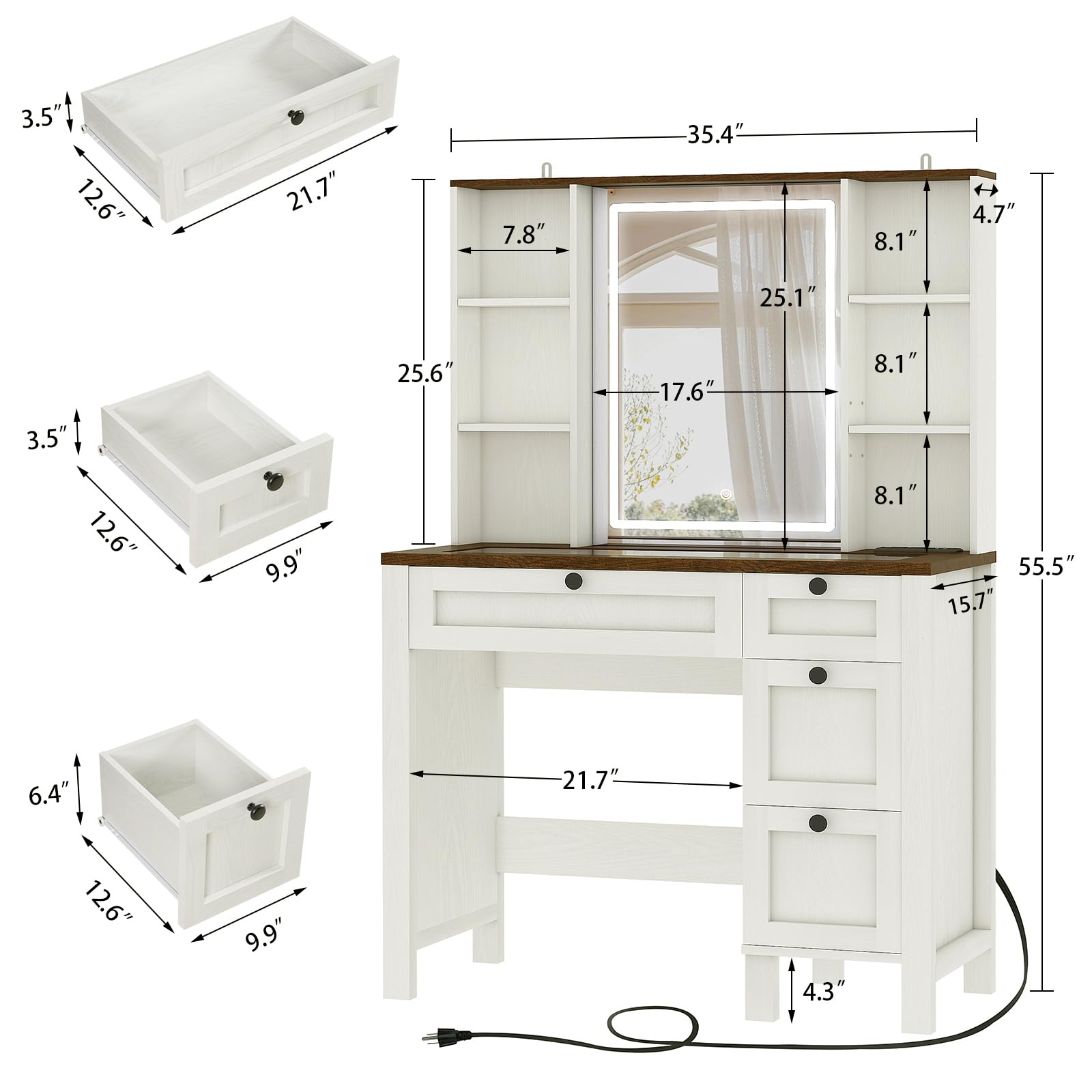 FIONESO Vanity Desk, Makeup Vanity with Glass Tabletop & Power Outlet, Vanity Desk with Mirror and Lights, Makeup Vanity Desk with 4 Drawers & 6 Shelves, Vanity Set for Bedroom, Antique White - WoodArtSupply