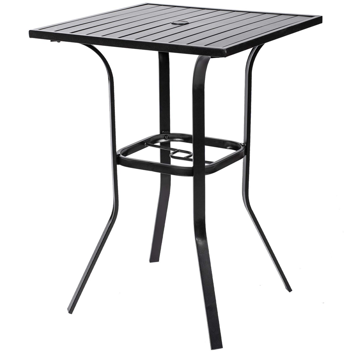 Patiomore Patio Bar Table, Outdoor Bar Height Bistro Table with Umbrella Hole, Metal Frame and Slat Design (Black) Patiomore