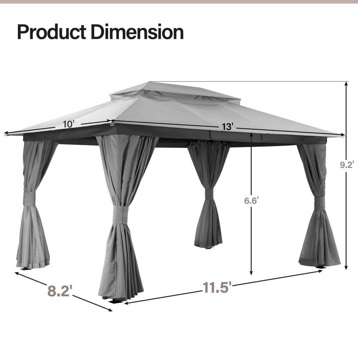 LAUSAINT HOME Outdoor Patio Gazebo 10'x13' with Expansion Bolts, Heavy Duty Party Tent & Shelter with Double Roofs, Mosquito Nettings and Privacy Screens for Backyard, Garden, Lawn, Smoke Grey LAUSAINT HOME