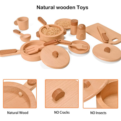MONT PLEASANT Play Kitchen Accessories Montessori Wooden Toys Kids Kitchen Toy Set Cookware Plates Dishes Pots Pans Cooking Playset 15 Pieces Sensory Toys for Toddlers Girls Boys with Storage Bag MONT PLEASANT