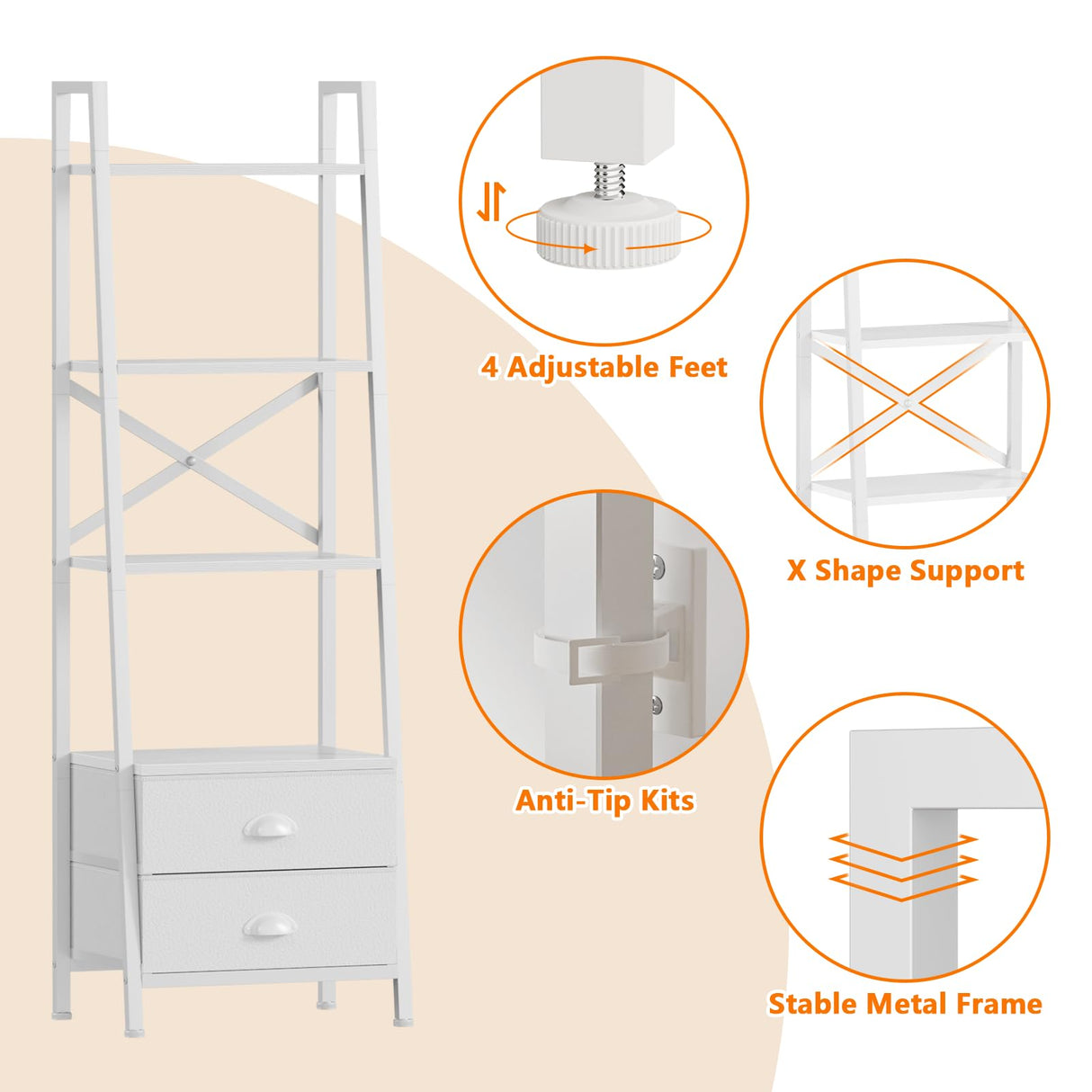 Furologee 4-Tier Ladder Shelf,Small Bookshelf with 2 Drawers,Vertical Bookcase Storage Rack Organizer,Display Bookshelves for Living Room,Bedroom,Bathroom,Home Office,Kitchen,White Furologee