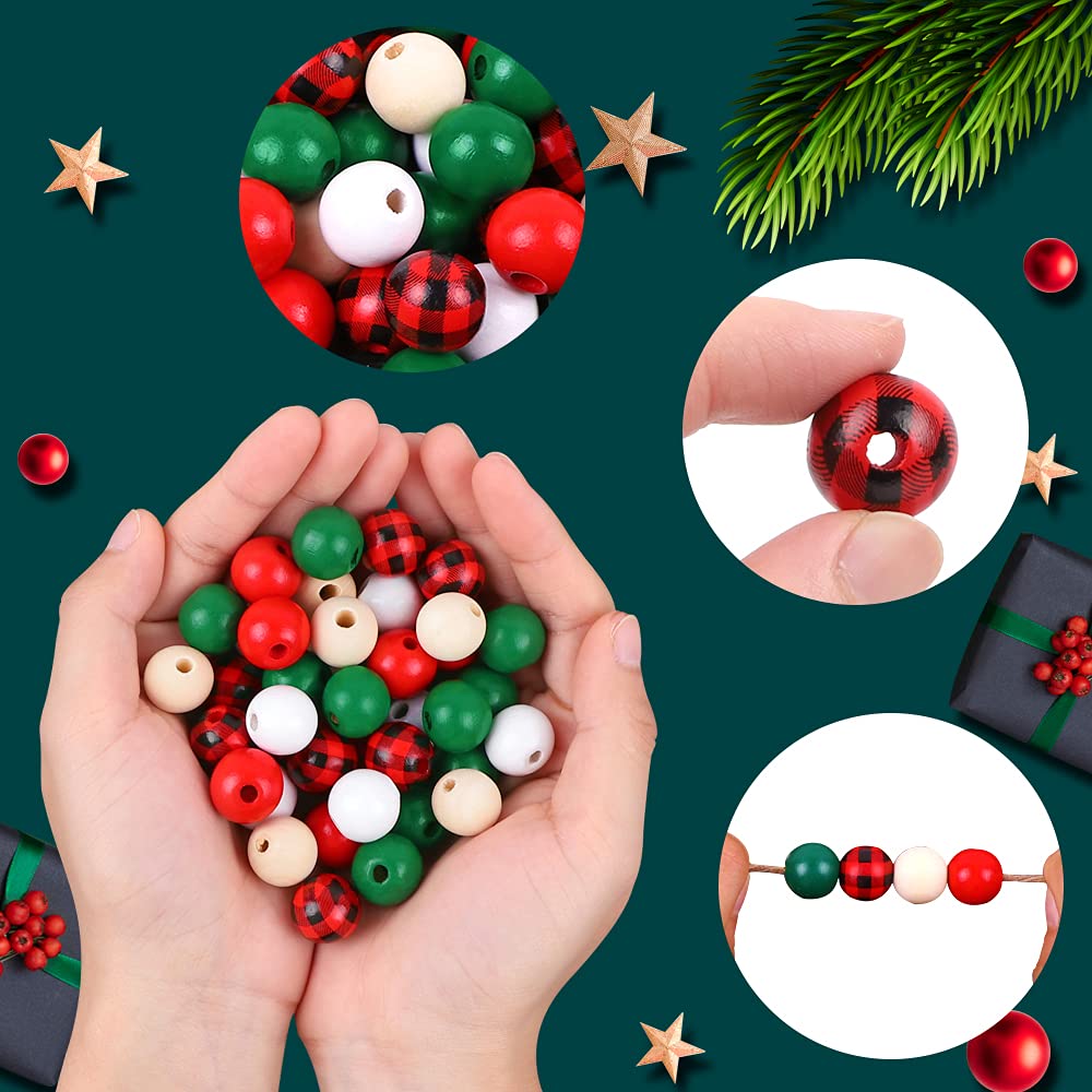 GRACCEE 200pcs Christmas Wooden Beads Xmas Red Buffalo Plaid Polished Craft Natural Round Wood Beads for Christmas Party DIY Indoor Decoration.