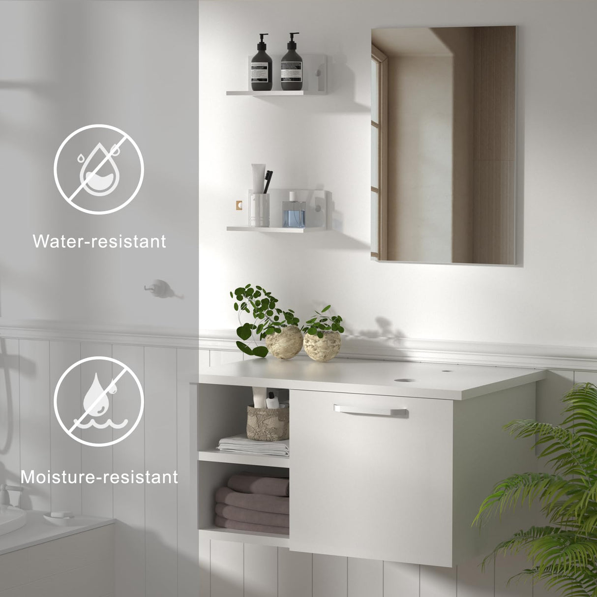 YOURLITE 28 Inch Floating Bathroom Vanity with Sink,White Modern Wall Mounted Bathroom Vanity and Tempered Glass Sink Combo with Mirror and Faucet and Pop-up Drain Set,Clear Boat Glass Sink YOURLITE