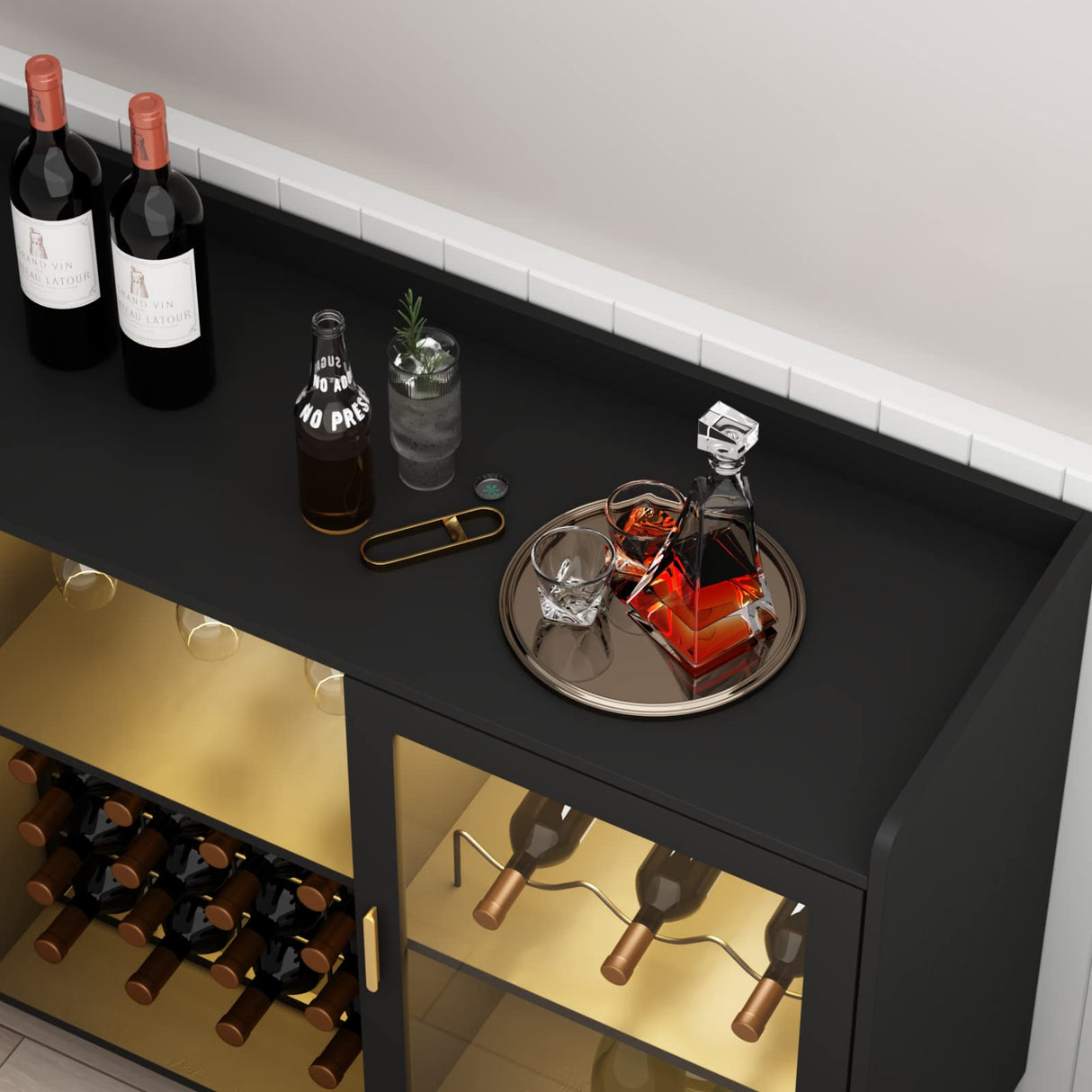 GYFIMOIE Modern Wine & Cocktail Cabinet with LED Light, Home Bar w Wine Rack and Glass Holder, Kitchen Buffet with Storage, Freestanding Liquor Cabinet (Black) Gyfimoie
