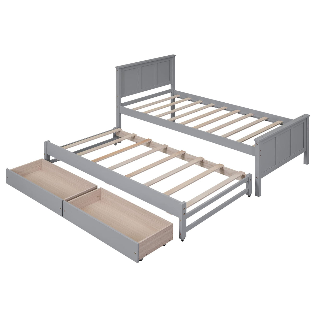 Merax Wood Farmhouse Platform Bed with Trundle and 2 Drawers Twin Daybed Frame with Headboard for Kids Teens Adults/No Box Spring Needed, Grey Merax