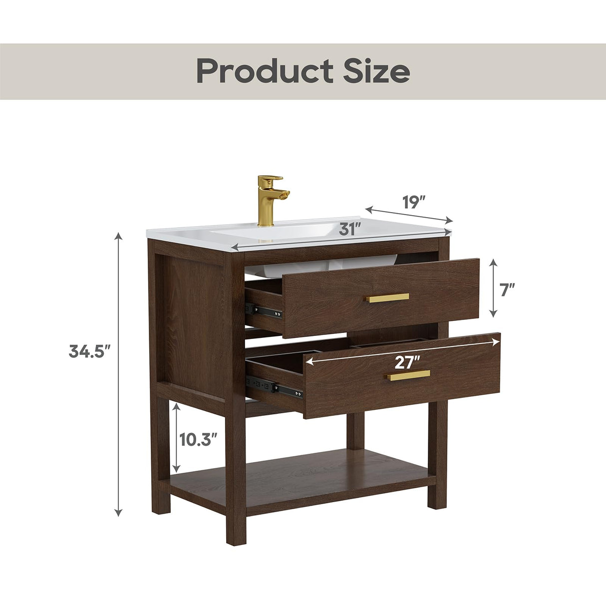 DELUXE LIVING 30 Inch Bathroom Vanity with Sink, Farmhouse Storage Cabinet with Drawers & Open Storage Shelf, Easy Assembly, Adjustable Feet, Walnut DELUXE LIVING
