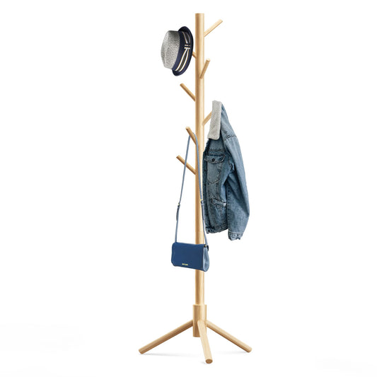 Hupmad Wooden Tree Coat Rack Stand,Sturdy Freestanding Coat Rack with 8 Hooks,3 Adjustable Height for Child Adult,Wood Coat Stand Tree Fits Entryway Bedroom Office for Bags,Hats