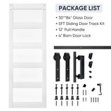 BARNSMITH 30in x 84in Glass Barn Door with 5FT Sliding Door Hardware Kit Included & Handle & Lock,5-Panel Frosted Glass Barn Door Solid Wood Water-Proof PVC Surface,Pre-Drilled Easy Assembly,White BARNSMITH