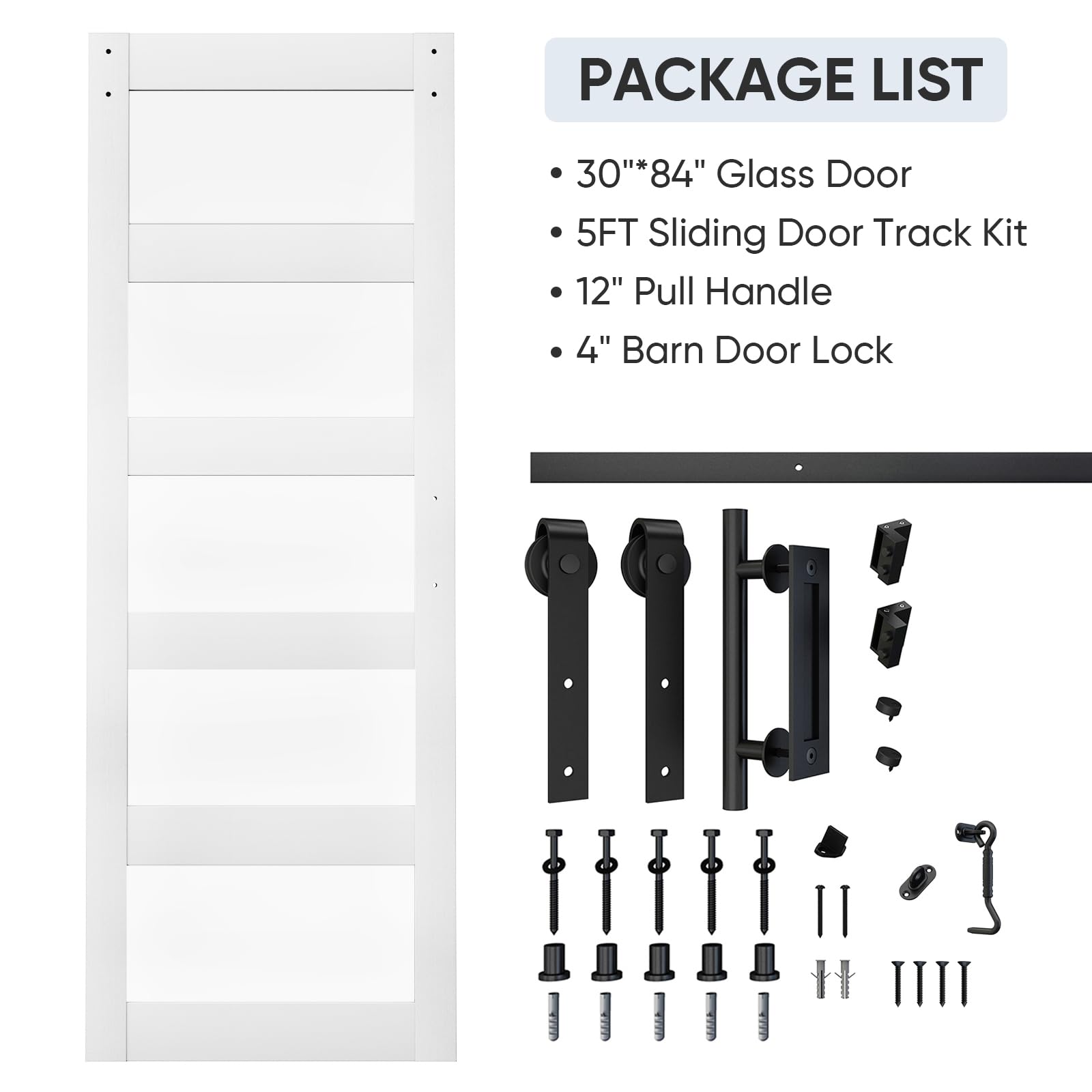 BARNSMITH 30in x 84in Glass Barn Door with 5FT Sliding Door Hardware Kit Included & Handle & Lock,5-Panel Frosted Glass Barn Door Solid Wood Water-Proof PVC Surface,Pre-Drilled Easy Assembly, - WoodArtSupply