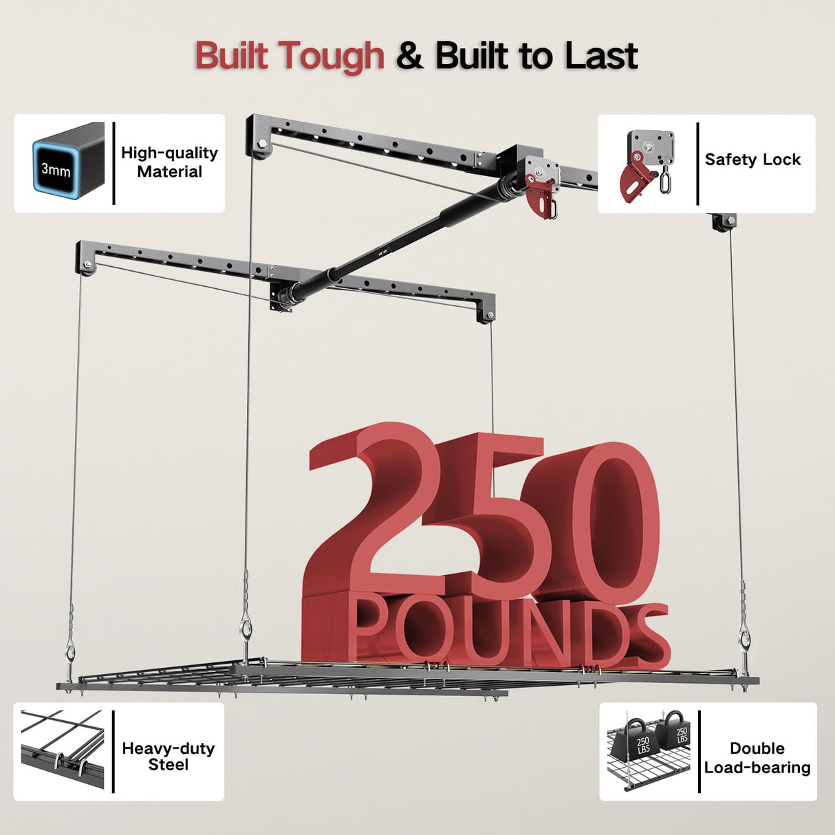 KOKORACKER Overhead Garage Storage Rack, Adjustable Heavy-duty 4x4 Ft Ceiling Storage Racks with Safety Lock, Ideal for Garage Storage Lifting Organization System, 250lbs Capacity KOKORACKER