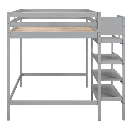 SOFTSEA Grey Full Size Loft Bed with Storage Stairs and Hanger for Kids and Adults - WoodArtSupply