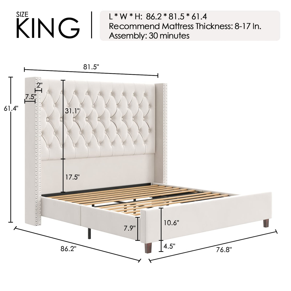 PaPaJet King Platform Bed Frame 61.4" Handmade Headboard Velvet Tall Upholstered Bed Deep Button Tufted/No Box Spring Required/Wood Slat Support/Easy Assembly/Cream PaPaJet