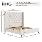 PaPaJet King Platform Bed Frame 61.4" Handmade Headboard Velvet Tall Upholstered Bed Deep Button Tufted/No Box Spring Required/Wood Slat Support/Easy Assembly/Cream PaPaJet