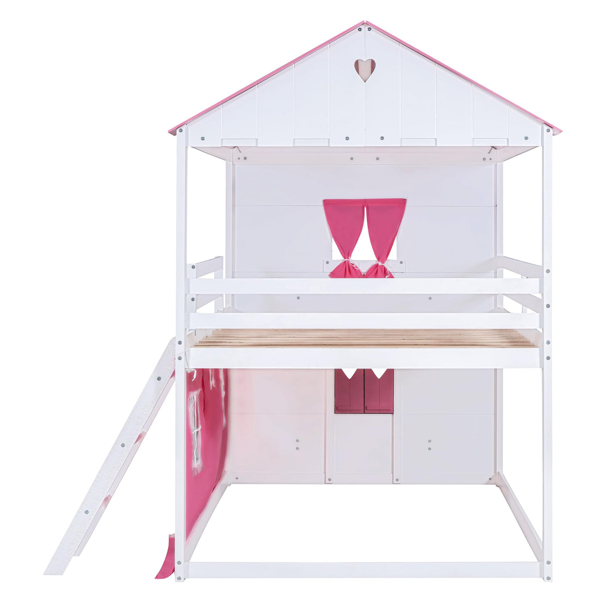 Harper & Bright Designs Full Over Full Bunk Bed, Wood Full Size House Bed with Elegant Windows, Sills and Tent, Pink+White Harper & Bright Designs