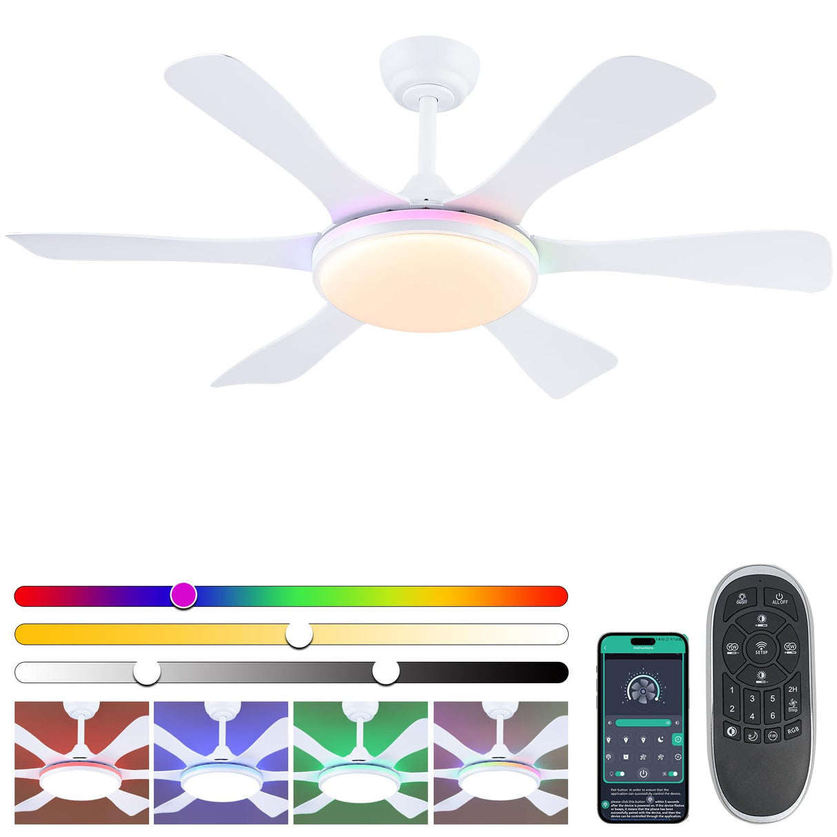 Surtime Ceiling Fans with Lights-47 Low Profile Ceiling Fan with 7-Color RGB Light and Remote/APP Control,Flush Mount,DC Reversible,LED Dimmable White Ceiling Fans for Bedroom,Indoor/Outdoor Patio Surtime