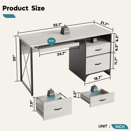 Bestier Office Desk with Drawers, 55 inch Industrial Computer Desk with Storage, Wood Teacher Desk with Keyboard Tray & File Drawer for Home Office, Wash White Bestier