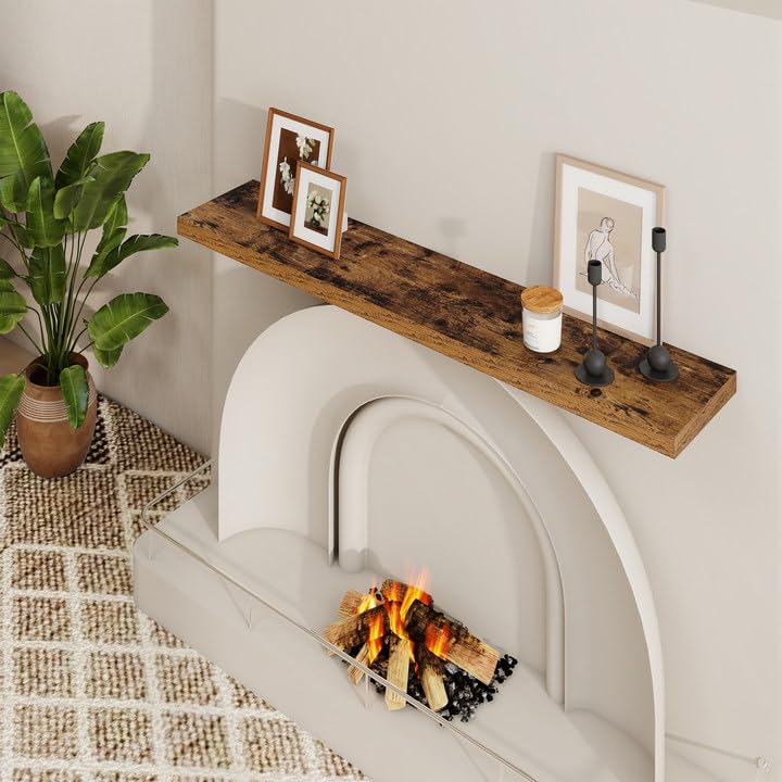 48 Inch Fireplace Mantel Shelf Floating Shelves for Large Wall Mounted Shelves with Invisible Brackets,Brown Long Wall Shelves for Decor Storage Bathroom,Living Room,Kitchen,Office,48"x 9.1" Set of 2 Dreamland