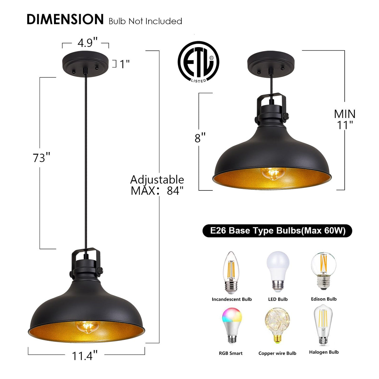 ALAISLYC Black Farmhouse Pendant Lights Matte Pendant Lighting for Kitchen Island Industrial Adjustable Height Vintage Dome Hanging Light Fixtures for Barn, Dining Room 3 Packs ALAISLYC