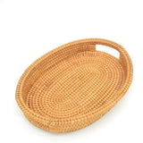 Small Handmade Rattan Basket, Oval Wicker Bowl, Rustic Serving Tray with Handles, Fruit Bowls, Table Organizers Storage Dish for Food, Catering, Catchall, Brown, S, 12.6 Inch amololo