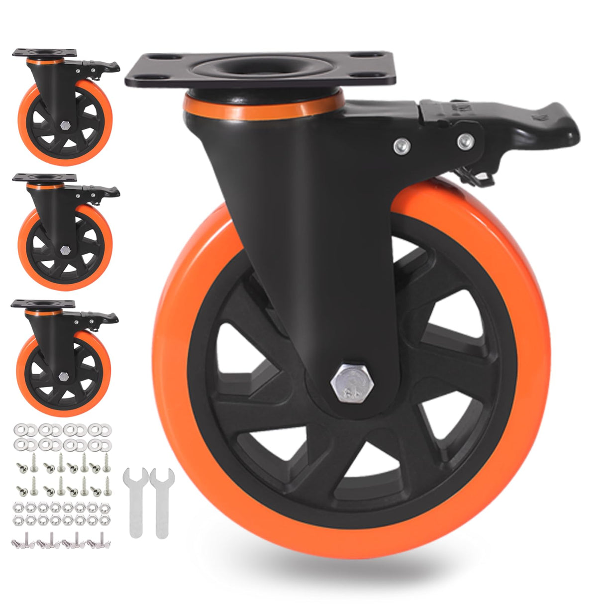 6 Inch Caster Wheels 3000 Lbs, Heavy Duty Casters Set of 4 with Brake, Safety Dual Plate Locking Industrial Casters, Silent Wheels for Cart with Polyurethane Foam (Two Hardware Kits Included) ENYKE