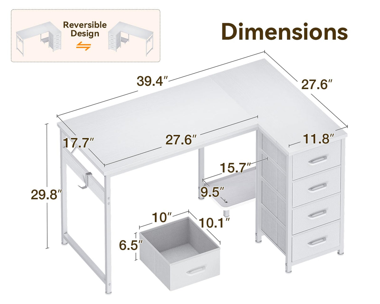 Casaottima L Shaped Desk with 4 Drawers, 40" Small White Computer Desk with Storage, Reversible Kids Study Desk with CPU Stand & Hook, Corner Desk for Home Office Casaottima