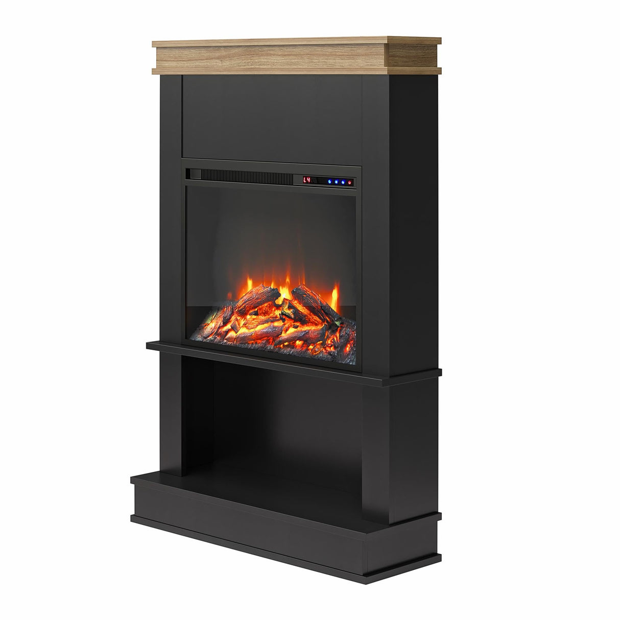 Ameriwood Home Mateo 30 Inch Electric Fireplace with Mantel and Shelf, Replaceable Fireplace Insert Heater, Freestanding, Remote Control, Timer, Realistic Log and Flame Effect, Black Ameriwood Home